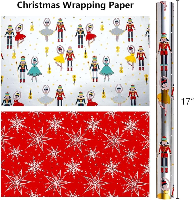 MAYPLUSS Christmas Wrapping Paper Roll - 17IN X 33FT - Nutcracker Gift Wrapping Paper Featuring Ballet Guitar Gold Star Reversible Snowflake for Kids, Holiday, New Year
