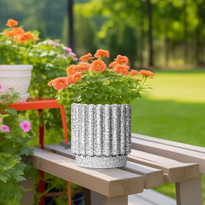 Ceramicfor Ceramic Pots for Plants - 7.6 Inch Ceramic Planter with Drainage Hole, Round Flower Pots for Indoor Plants, Fluted Planter Outdoor, Garden Decor, Birthday Gifts, Black and White