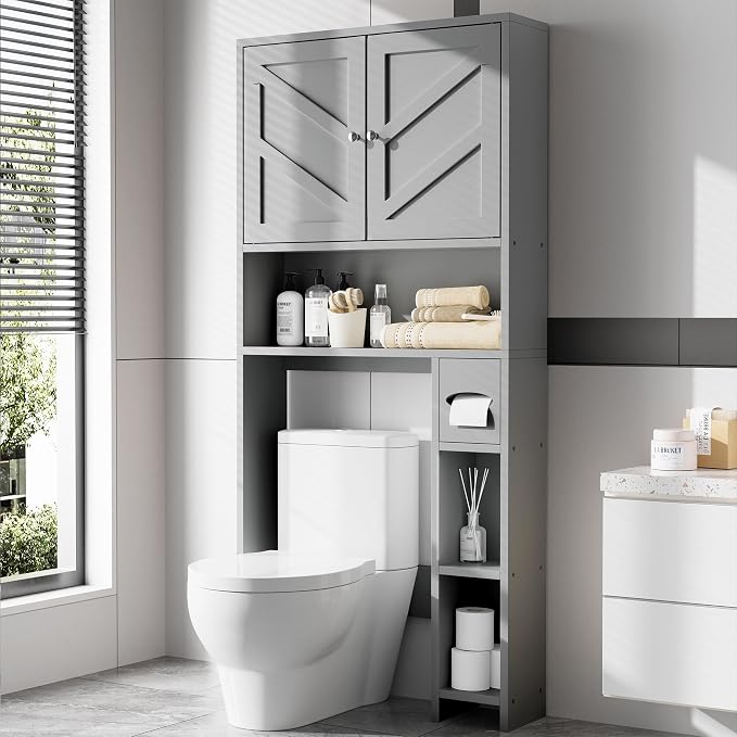 Farmhouse Storage Cabinet Over Toilet with Toilet Paper Holder Stand, Freestanding Bathroom Storage Organizer Cabinet, Grey