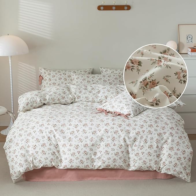 Vintage Floral White Comforter Set King Vibrant Colors Garden Flower Leaves Comforter Set for Girls Women Floral Botanical Pink Comforter Set 1 Flower Comforter with 2 Bow Ties Pillowcases All Season