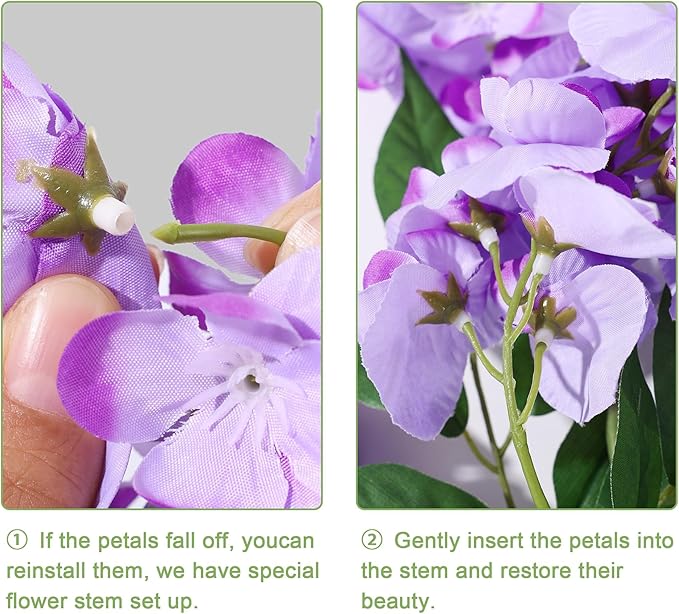 HyeFlora Artificial Hanging Flowers Spring Fake Flower for Vase, 2Pcs Light Purple Silk Wisteria UV & Fading Resistant Faux Flowers for Centerpiece Table, Bedroom Kitchen Living Room Bathroom