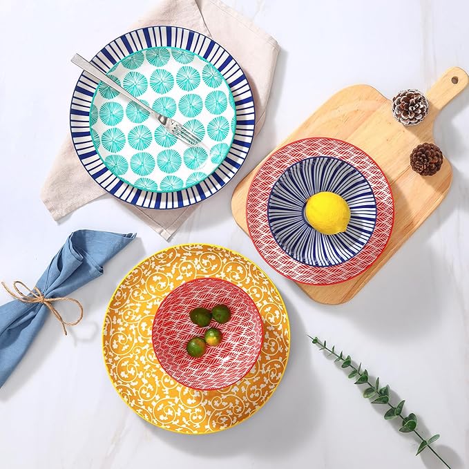 Selamica Ceramic Plates and Bowls Sets,12 Pieces Dinnerware Sets for 4,Scratch Resistant Dish Set,Dishwasher & Microwave Safe, Assorted Colors