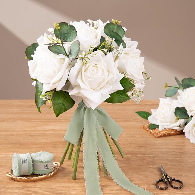 DORIS HOME Sage Green Chiffon Ribbon for Flower Bouquet, 1" x21Yd Fabric Ribbon for Gift Wrapping, Handmade Frayed Ribbon for Wedding Invitations/Christmas Decorations