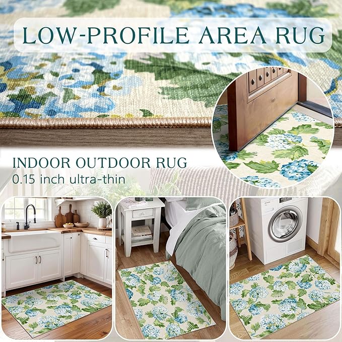 Front Door Mat Outside Entrance - 2x3 Spring Non-Slip Washable Doormat Indoor Outdoor Entrance Light Blue Green Floral Rug Small Throw Rugs for Entryway Bedroom Kitchen Front Porch Decor