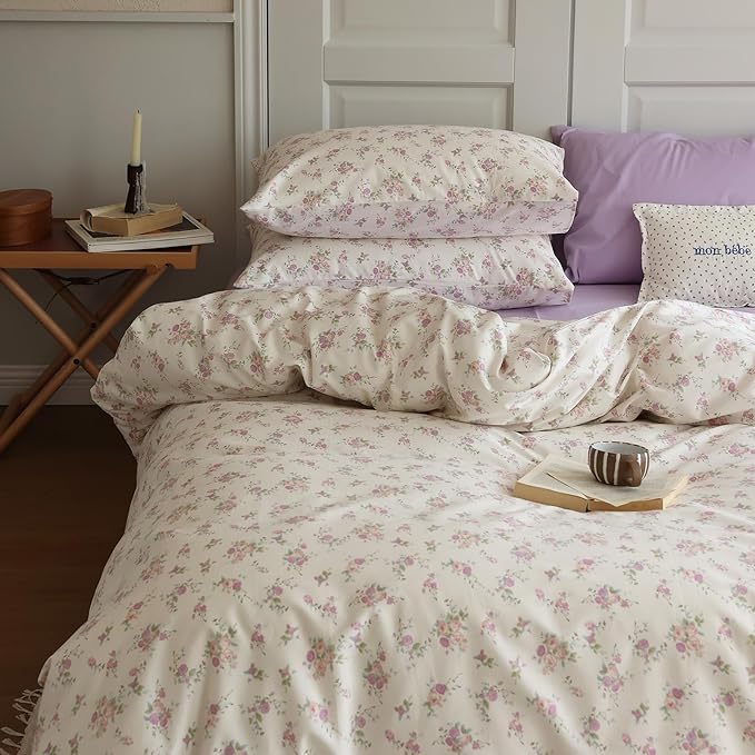 LifeTB Vintage Garden Floral Comforter Set Queen Cute Pink Floral Bedding Comforter for Queen Bed Reversible Botanical Flowers Comforter with 2 Pillowcases Girls Cottagecore Bedding Comforter Set