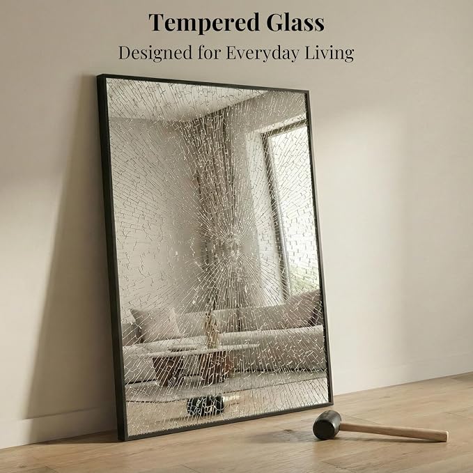 48"x36" Black Landscape Bathroom Mirror for 48-60 inch Vanity, Shatterproof Tempered Glass, Narrow Metal Frame, Large Mantle Mirror