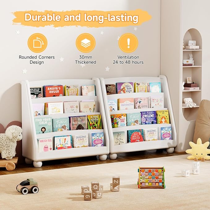 ONBRILL 4-Tier Kids Bookshelf, Montessori Shelf for Kids Rooms, Toddler Book Rack Organizer and Storage, Wooden Baby Bookshelf for Classrooms Nursery Playrooms
