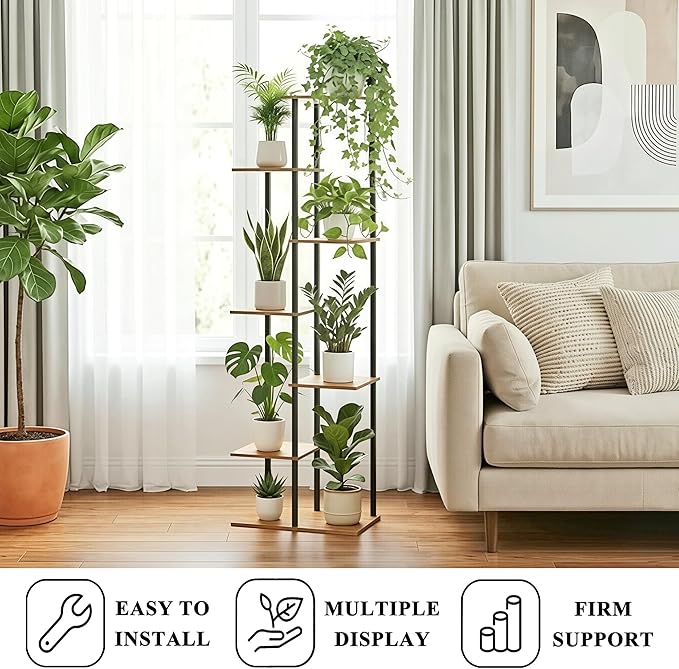 Plant Stand Indoor 7 Tier 8 Potted Metal Wood Plant Shelf, Multiple Flower Pots Corner Tall Plant Holder Stands for Living Room Balcony Bedroom, Rustic Brown