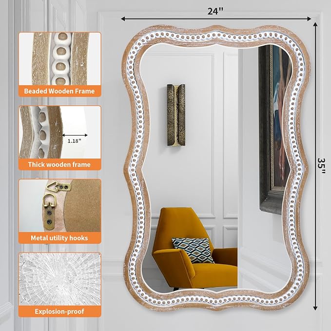 35x24 Inch Wavy Wooden Frame Mirror for Bathroom Over Sink, Rustic Farmhouse Decorative Mirrors for Wall, Entryway, Living Room, Bedroom (Vertical/Horizontal)