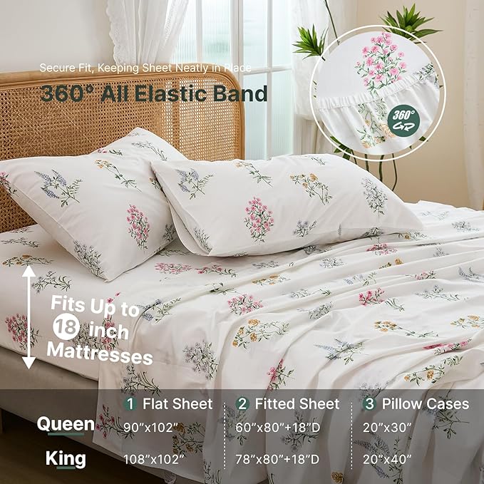 100% Cotton Sheet Set King Size – 4-Piece Chic Garden Floral White Bedding Set, Soft Breathable Percale Weave, Deep Pocket Fitted Sheet 17.5", Crisp Cool Feel, Refined Botanical Elegance