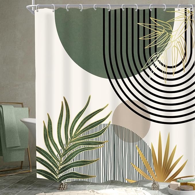 KOMLLEX Mid Century Dark Green Boho Shower Curtain 72Wx72L Inches Abstract Modern Shower Curtains for Bathroom Gold Plant Botanical Minimalist Arch Sun Fabric Liner Waterproof Polyester 12 Pack Hooks