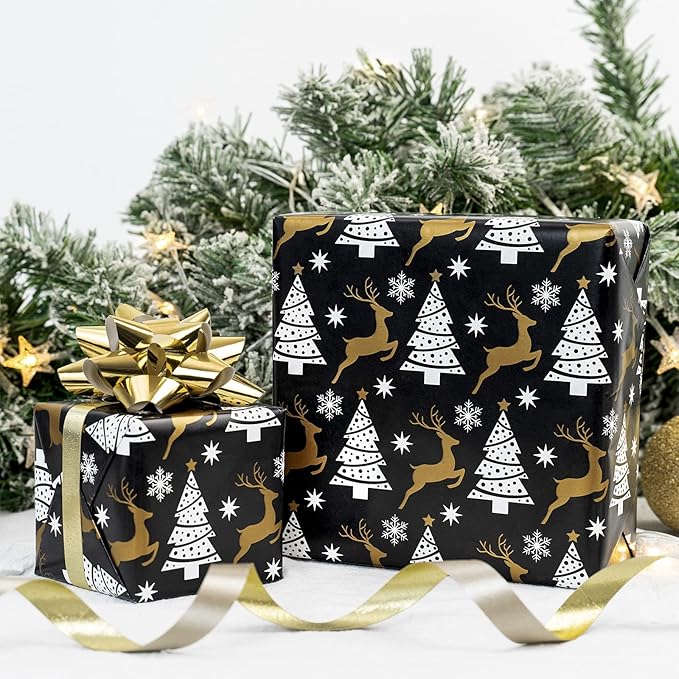 MAYPLUSS Christmas Reversible Wrapping Paper - Mini Roll - 17 Inch X 32.8 Feet- Black Gold Reindeer Design (47.3 sq.ft.ttl)