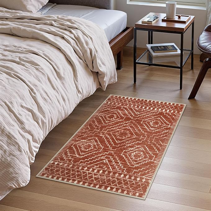 Wonnitar Moroccan Bathroom Rug,Washable 2x3 Small Bath Mat, Boho Tribal Soft Kitchen Sink Mat, Non-Slip Geometric Entry Way Rug, Low-Pile Indoor Carpet for Bedside Entrance Laundry (Brown,2'x3')
