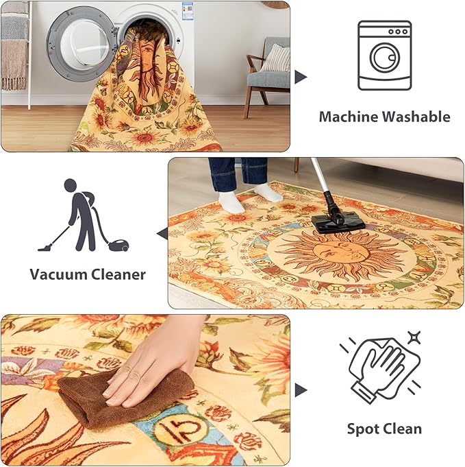 Ultra Thin Washable Mystical Rugs Stain Resistant, Sun and Moon 5x7 Area Rugs Non Slip - Retro Yellow Hippie Floral Throw Rugs for Living Room Bedroom Entryway, Trendy Indie Dorm Tapestry Rug
