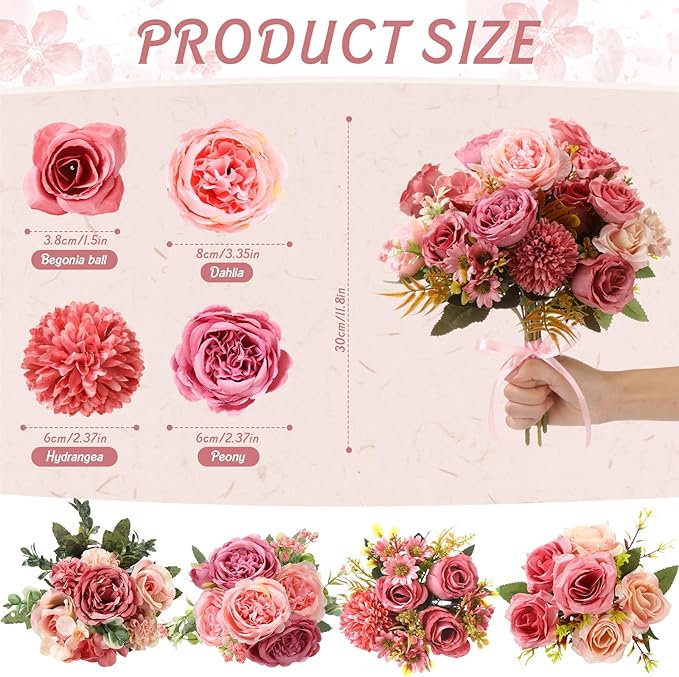 Zeyune 12 Bundles Artificial Peonies Flowers Artificial Silk Rose Faux Dahlia Fake Chamomile Hydrangea Bouquet Bulk for Vase Home Wedding Centerpiece Party Decoration (Dust Rose,Petal Dust)