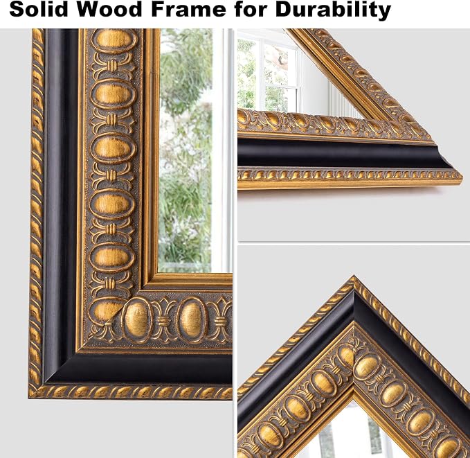Vintage Wall Mirror for Living Room, 48" L x 24" W Large Gold Mirror for Wall with Carved Wood Frame, Rectangular Baroque Mirrors for Bathroom Entrance Hallyway, Horizontal/Vertical Hanging