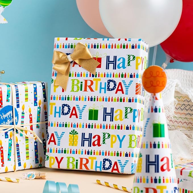 Homeral Birthday Wrapping Paper Roll - Colorful Happy Birthday Lettering & Candles, Reversible Design for Baby Shower, Party - Mini Roll - 17 Inch x 33 Feet