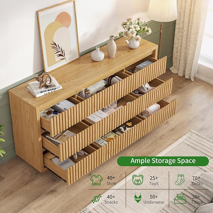 Long Dresser for Bedroom, Large Fluted Dresser with 9 Drawers, 58" Wide Modern Chest of Drawers, Wood Closet Clothes Storage Organizer, Wooden TV Stand for Living Room, Boho, Natural Oak