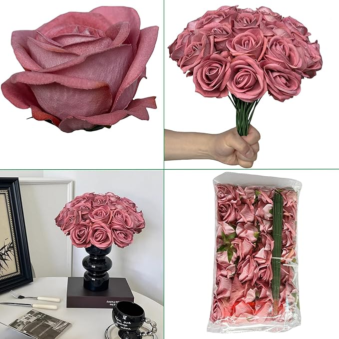 FagusHome 30 Pcs Silk Rose Artificial Flowers Roses Bulk Bouquet Fake Flowers Rose Heads with Stems for Home Wedding Decor (Dark Pink)