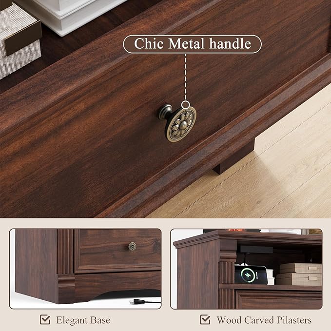 Walnut Nightstand Set of 2 with Charging Station, Farmhouse End Table with 2 Drawers and Open Shelf, Wooden Bedside Table with Metal Handles, Vintage Design, Organizer for Bedroom, Hallway