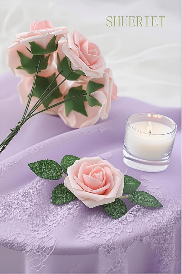 Blush Pink Artificial Roses 25pcs, Real Looking Fake Flowers with Stems for DIY Wedding Centerpieces, Bridal Shower, Party, Valentine's Day Gift, Home Decor