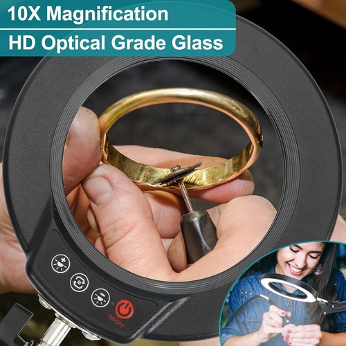 Seylae 10X Magnifying Glass with Light - 2-in-1 Desk Lamp & Clamp Light | 5 Color Modes, Dimmable LED