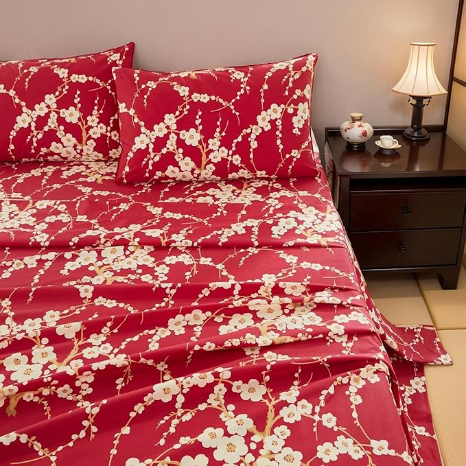 Brandream Floral Sheet Set King Size Japanese Oriental Style Cherry Red Blossom Flower Branches Print Chinoiserie Bedding Pillowcases Set 800TC Egyptian Cotton Sateen Botanical Tree Deep Pocket, 4 Pcs