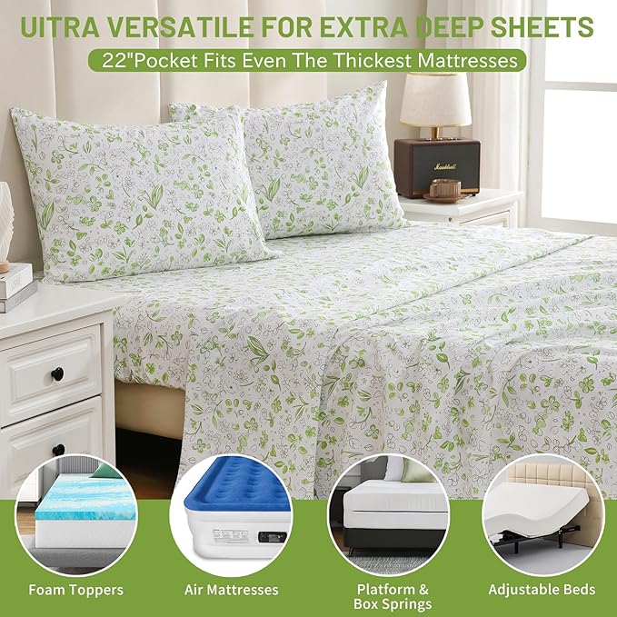 Bedlifes Queen Size Extra Deep Pocket Sheet Sets - Fits Mattresses Up to 18-24" Thick, 4-Piece Microfiber Set with 1800 Thread Count, Soft, Smooth, Breathable, Featuring Cute Printed Green Floral