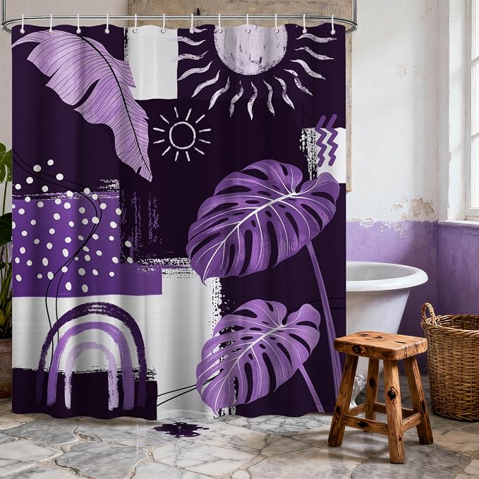 Purple Mid Century Modern Shower Curtain Bohemian Abstract Lavender Shower Curtains for Bathroom Decor Sets, Waterproof Cloth Fabric with Hooks, 72x84 Inch