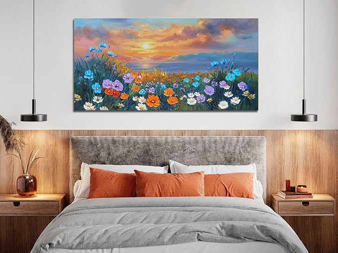 Ardemy Landscape Wall Art for Living Room Extra Large Wildflower Pictures Wall Decor Coastal Sunset Floral Canvas Textured Bedroom Flower Paintings Artwork Home Office, 40"x20"