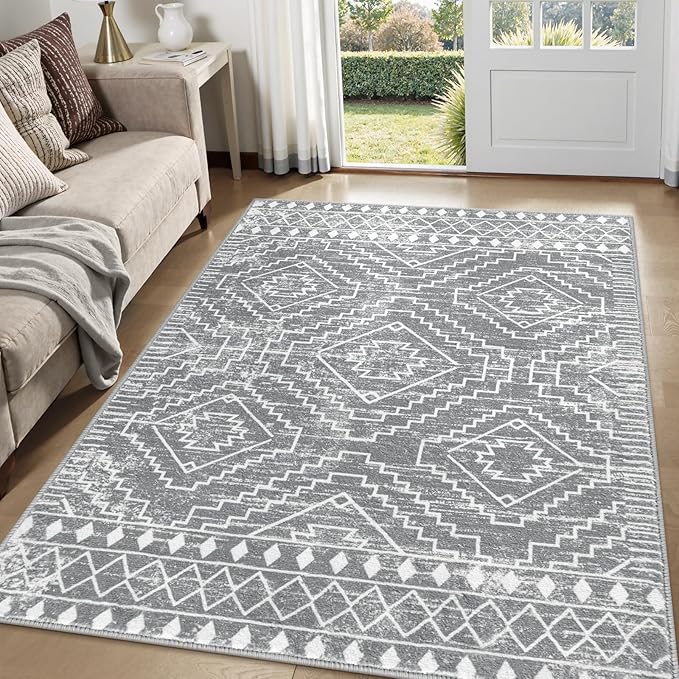 Wonnitar Moroccan Gray Area Rugs for Living Room, Washable 5x7 Boho Bedroom Rugs, Non-Slip Large Soft Dining Room Throw Mat, Floor Carpet for Basement Guest Room Office (Silver Grey,5'x7')