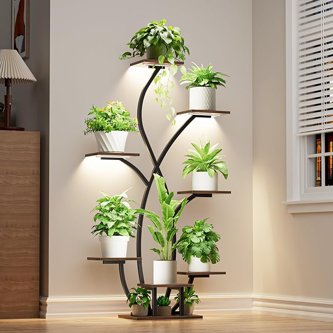 Plant Stand Indoor with Grow Light, 55'' Corner Plant Stands for Indoor Plants, 7 Tiered Indoor Plant Shelf, Flower-Shaped Plant Rack, Metal Display Shelves for Living Room Patio Balcony Decor Black