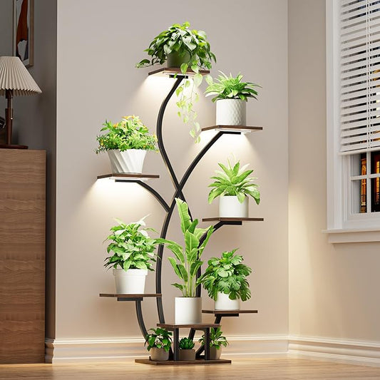 Plant Stand Indoor with Grow Light, 55'' Corner Plant Stands for Indoor Plants, 7 Tiered Indoor Plant Shelf, Flower-Shaped Plant Rack, Metal Display Shelves for Living Room Patio Balcony Decor Black