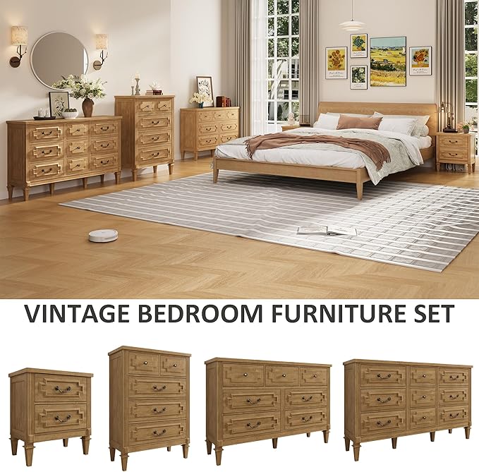 BLANKSPACE 9 Drawer Dresser for Bedroom, 35.7" Tall Dresser & Chest of Drawers wtih Vintage Surface, Closet Storage Cabinet for Living Room, Hallway, Natural Oak