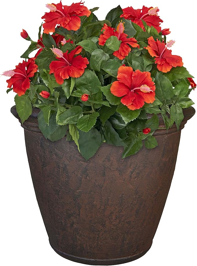 Sunnydaze 24-Inch Anjelica Large Plastic Pot for Plants - Double-Walled Outdoor Polyresin Round Planter Porch Pot with Drillable Drainage Holes - Rust