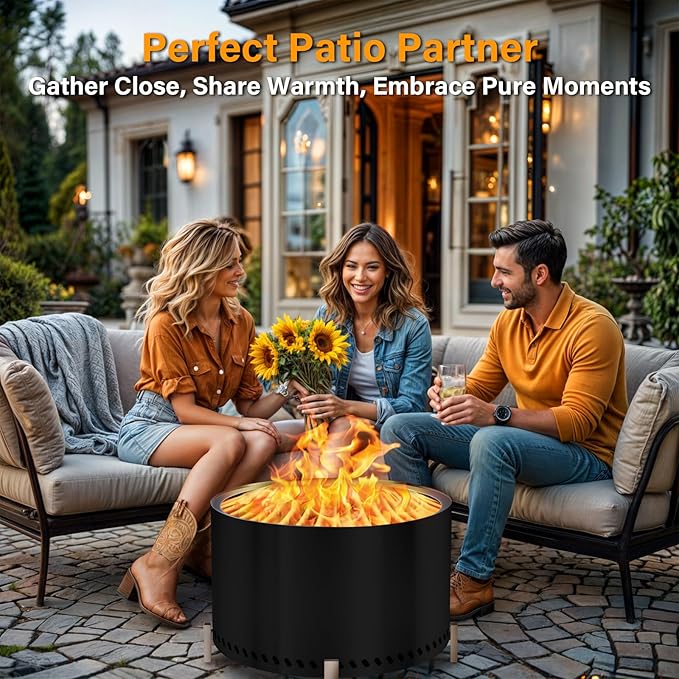 HGD 28" Smokeless Firepit with Stand, Stainless Steel Wood Burning Fire Pit for Friends & Family Gatherings, Secondary Combustion Outdoor Patio Stove for Garden BBQ & Bonfire (Black)