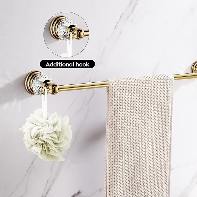 WINCASE Gold Towel Bar, Adjustable Crystal Towel Holder, Golden Finished Bathroom Single Towel Racks Rail Wall Mounted