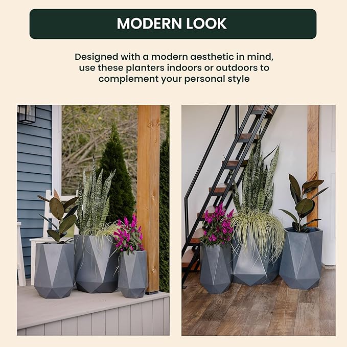 Beuta Large Planters for Outdoor Plants - Set of 3, 15.5/18/20 Inches Outdoor Planters for Porch - Tall Planter for Outdoor & Indoor Plants | Large Indoor Plant Pot - USA Made - Grey