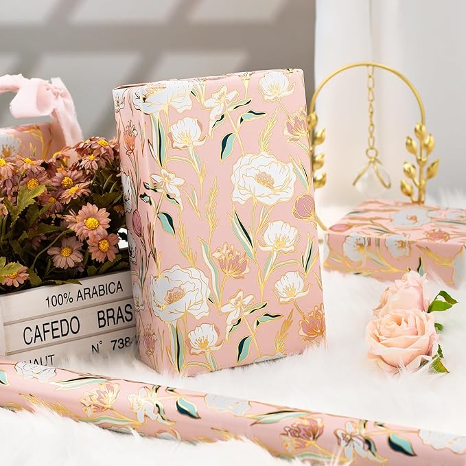 Merture Floral Wrapping Paper Roll - 17 In X 32.8 Ft - 1 Roll (46.5 sqft.ttl.) Pink Wedding Wrapping Paper Gift Wrap paper for Wedding, Bridal Shower，Valentines Day, Mothers Day, Birthday, Christmas