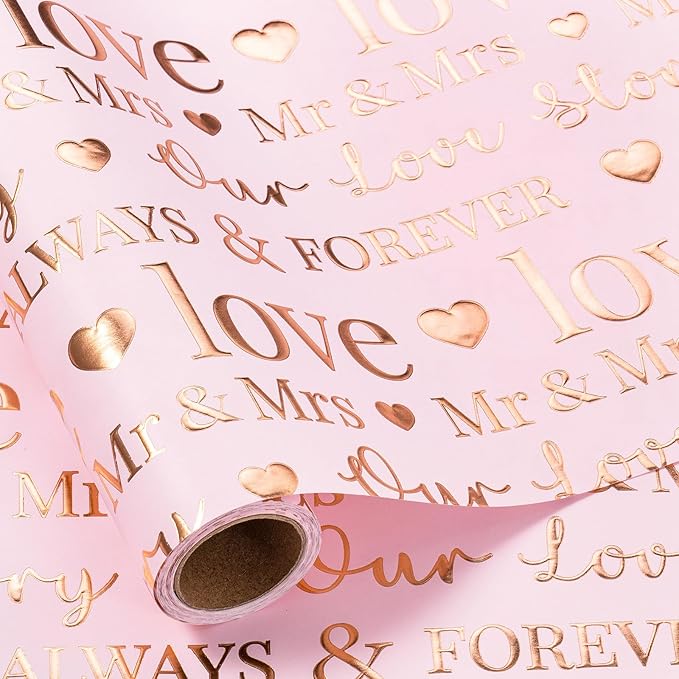 RUSPEPA Wedding Wrapping Paper Roll, Mini Roll, 17 Inches x 16.5 Feet, Pink Rose Gold Foil Ring Design, Perfect for Wedding, Bridal Shower, Anniversary