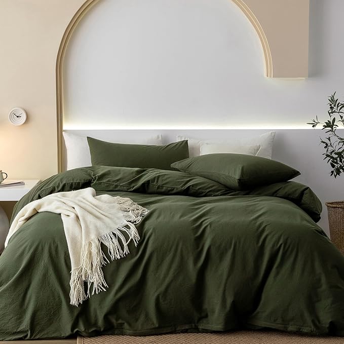 JIYUAN 100% Washed Cotton Duvet Cover Set 3 Pieces King, 1 Duvet Cover 104x90 Inches(Comforter Not Included) and 2 Pillowcases,Linen Feel Bedding Set Comfy and Breathable,Olive Green