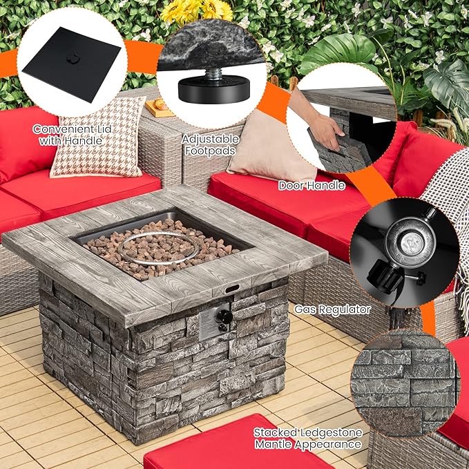 Giantex 34.5" Propane Gas Fire Pit Table - Patio 2-in-1 Outdoor Square Fire Table W/Volcanic Rock & PVC Cover, Stainless Steel Burner, 50,000 BTU Heat Output, Faux Stone Surface, Outside Fireplace