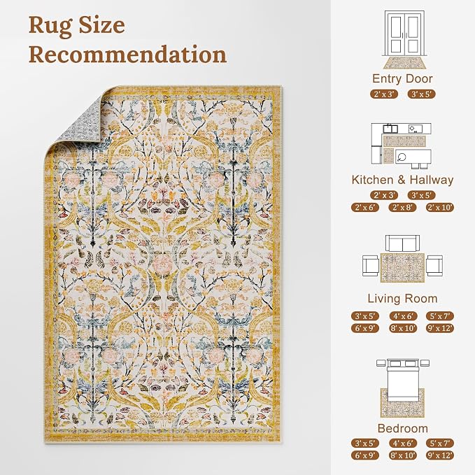 AMTOVO 8x10 Washable Area Rugs for Living Room, Non-Slip&Non-Shedding Large Soft Boho Floral Vintage Print Carpet for Bedroom Dining Room Farmhouse Nursery Kids Room Home Office, Golden Yellow