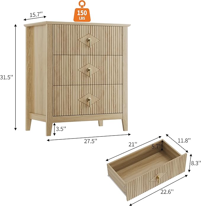 GarveeHome Wood Nightstand Fluted Dresser for Bedroom, 27.5" Wide 3-Drawer Bedside Tables, Modern Chest of Drawers, Storage End Table Living Room, Hallway, Entryway, Natural Oak
