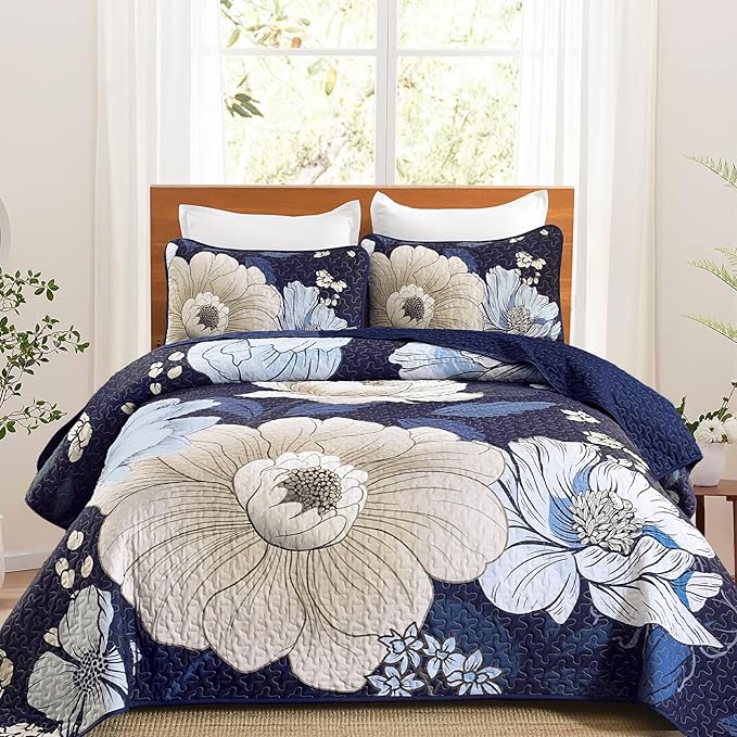 Dintszyayue Blue Quilt Set Queen,3 Pieces Floral Bedspreads Lightweight Coverlet Set for All Seasons, Reversible Quilted Printed Bedding Set with 2 Pillow Shams