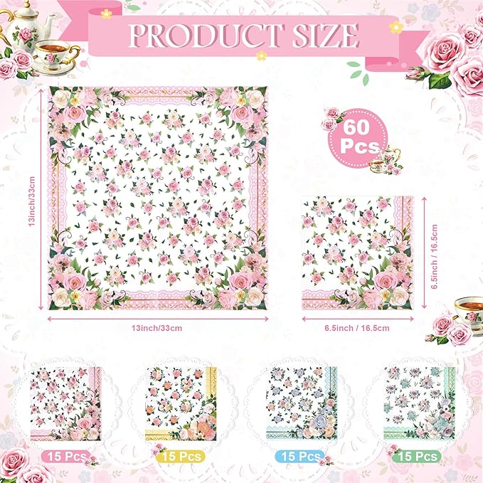 180 Pcs Floral Paper Tea Cups and Plates 9 OZ Disposable Paper TeaCups and Saucers with Tea Party Napkins Set for Tea Party Decoration Birthday Wedding Bridal Shower Party Supplies