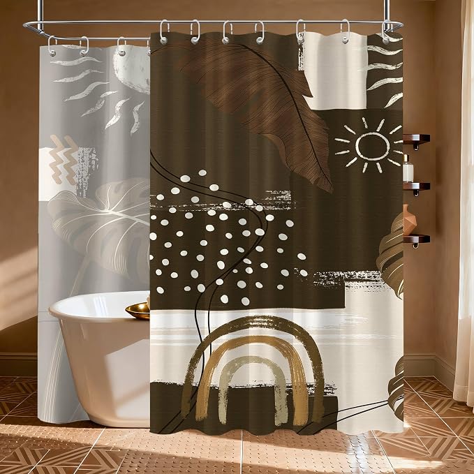 Dark Brown Mid Century Modern Shower Curtain Boho Abstract Khaki Earth Tone Shower Curtains for Bathroom Decor Sets, Waterproof Cloth Fabric with Hooks, 108 x 72 Inch