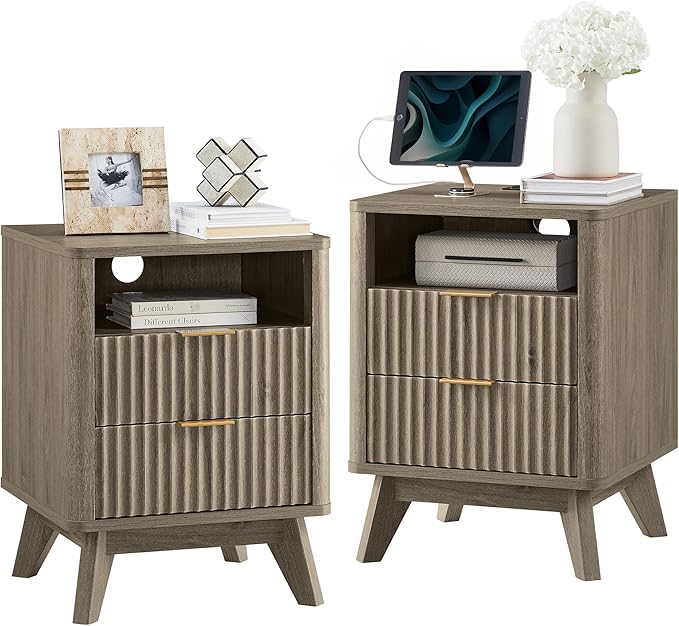 T4TREAM Fluted Nightstand Set of 2 with Charging Station, 18" Modern Side Table with 2 Drawer, End Table w/Storage, Bedside for Bedroom, Living Room, Curved Profile Design, Grey Alder