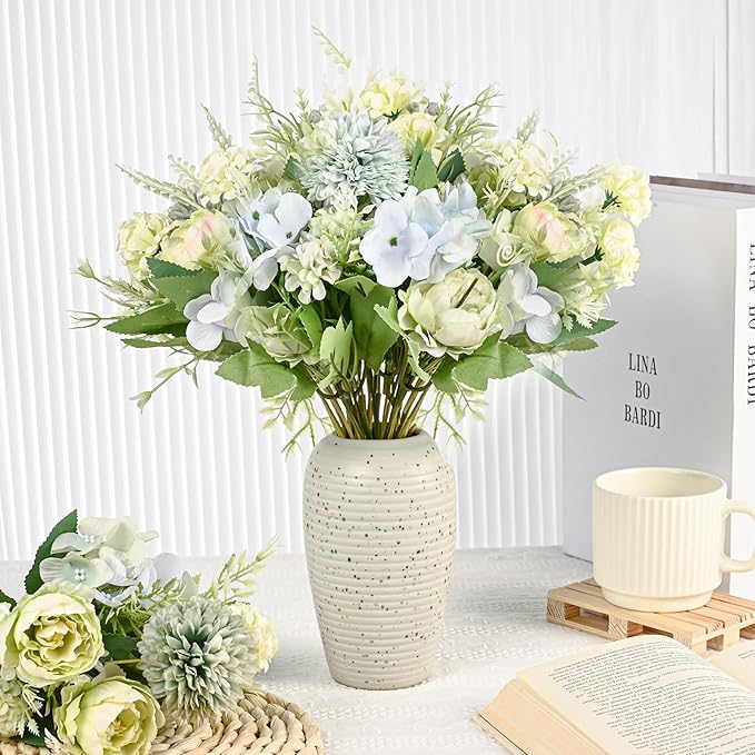 Olgaa 12 Bundles Peonies Artificial Flowers Silk Flowers Fake Peony Bouquet Faux Peonies Flowers Bulk for Wedding Decor Centerpiece Table Decorations (Blue Green)