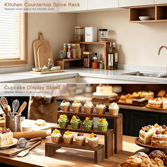 Plant Stand Shelf for Desk Window Sill Countertop Succulent Stand Desktop Shelf 3 Tiers Small Wooden Tabletop Ladder Plant Shelves for Cupcake Stand Riser Spice Rack Holder